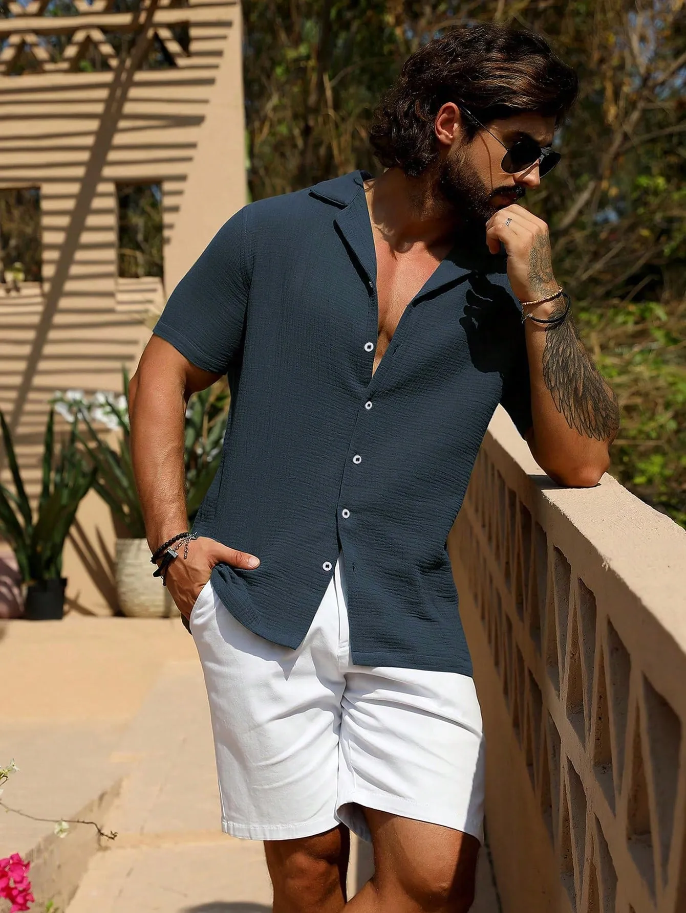 Men Slim Fit  Button Linen Guayabera Shirt Short Sleeve Summer Beachwear