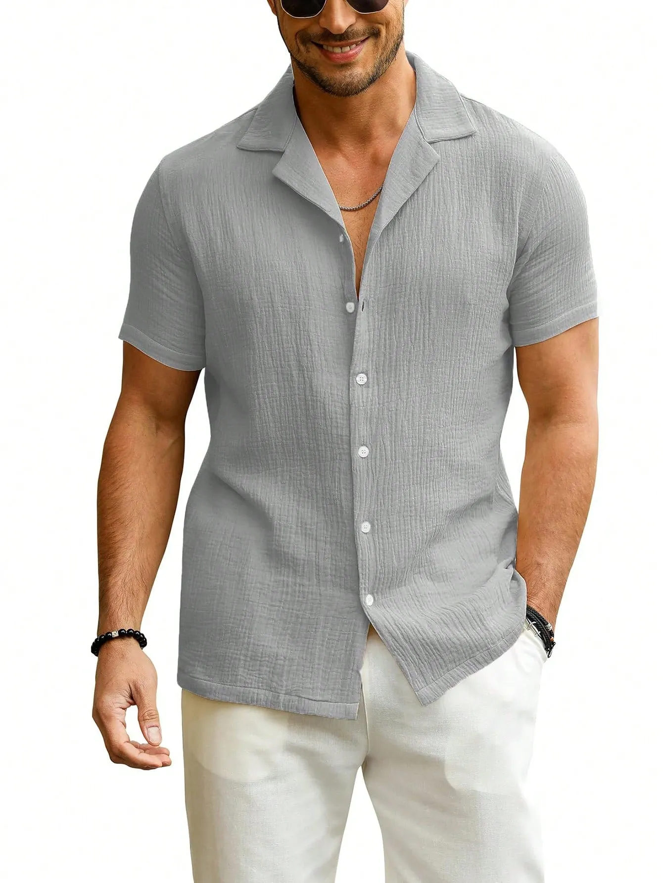 Men Slim Fit  Button Linen Guayabera Shirt Short Sleeve Summer Beachwear