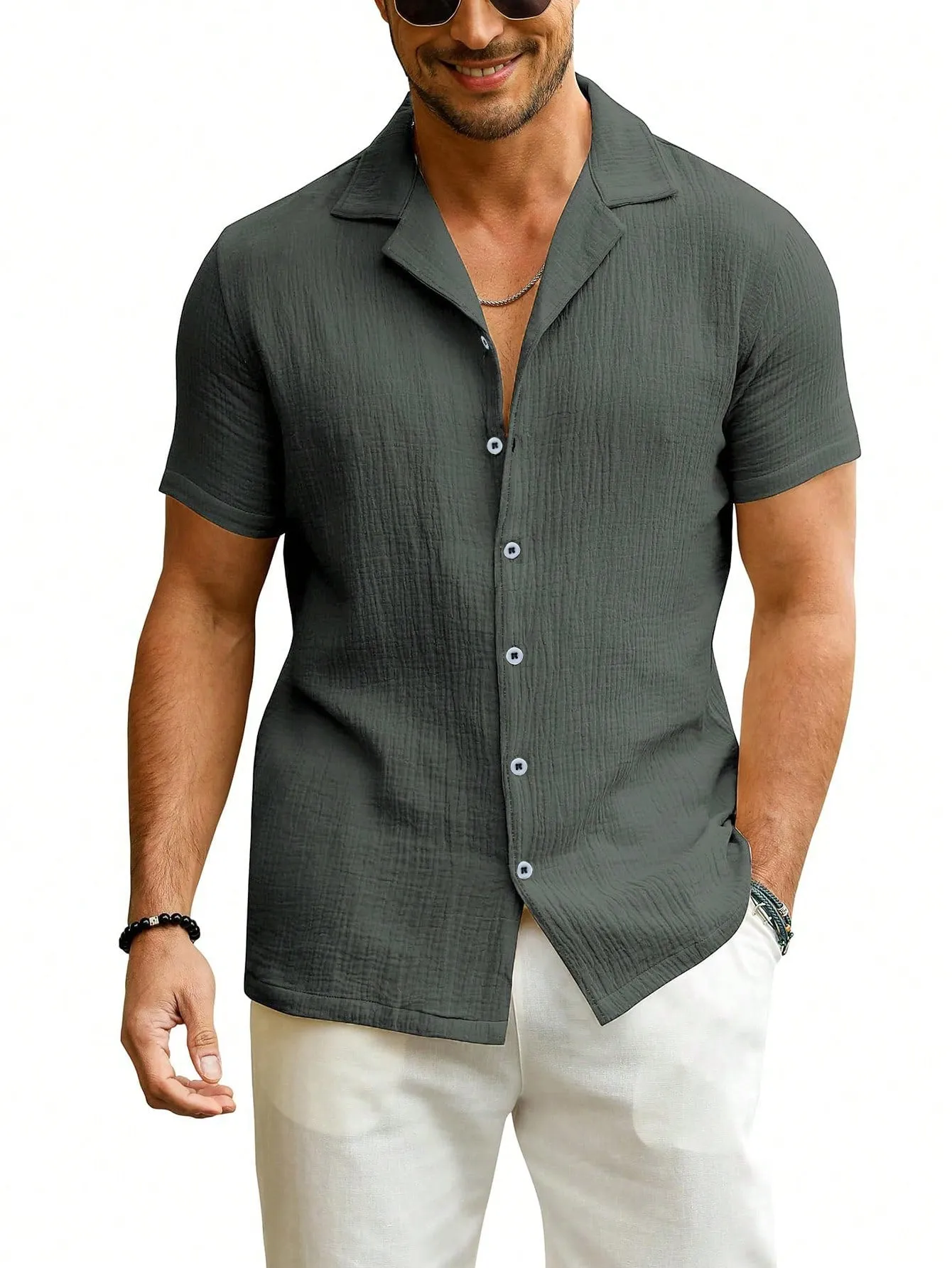 Men Slim Fit  Button Linen Guayabera Shirt Short Sleeve Summer Beachwear