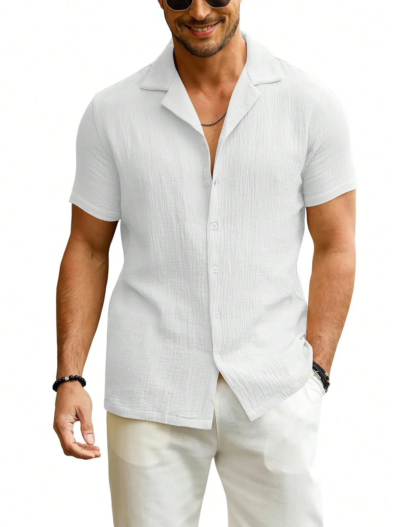 Men Slim Fit  Button Linen Guayabera Shirt Short Sleeve Summer Beachwear