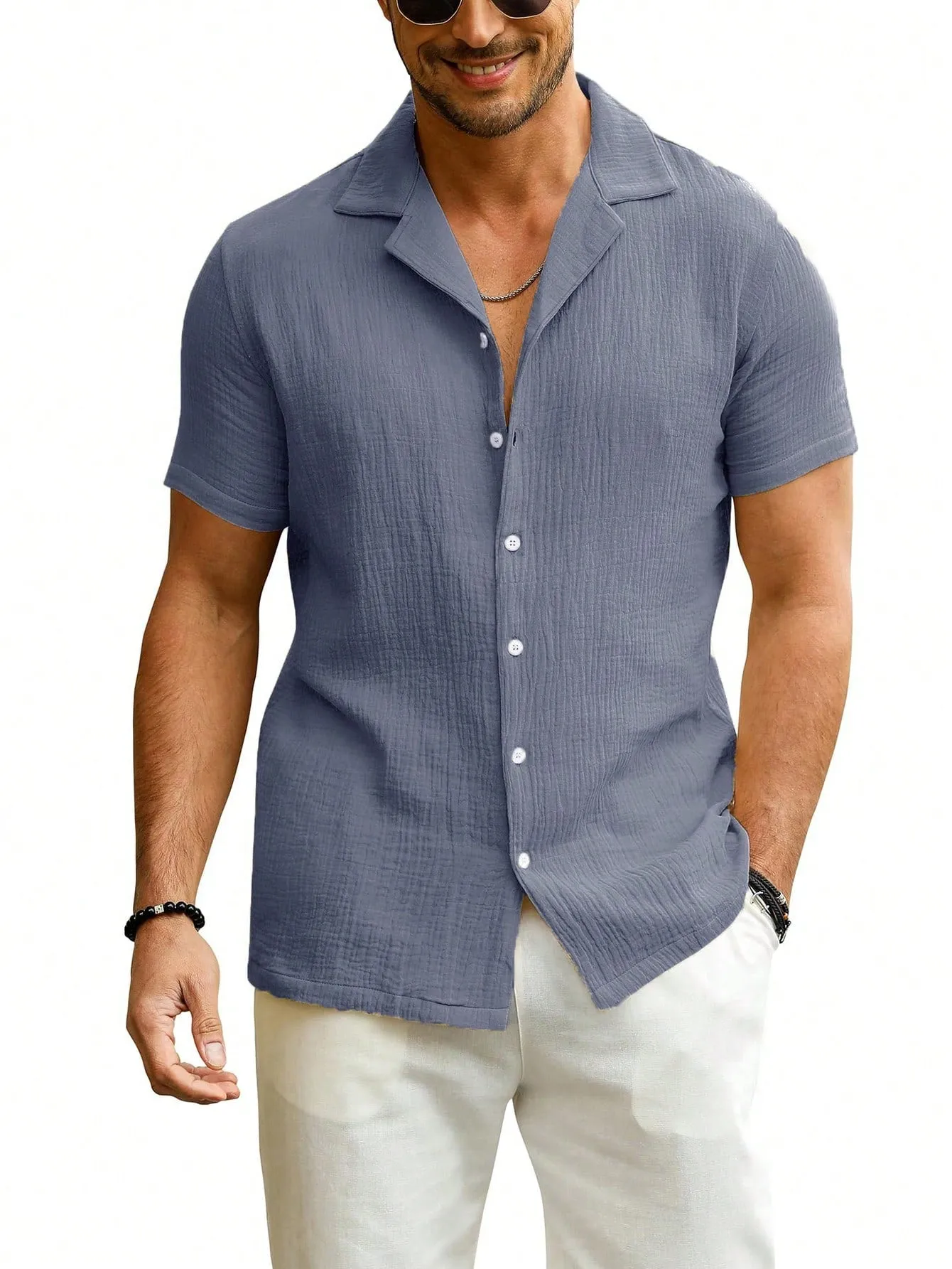 Men Slim Fit  Button Linen Guayabera Shirt Short Sleeve Summer Beachwear