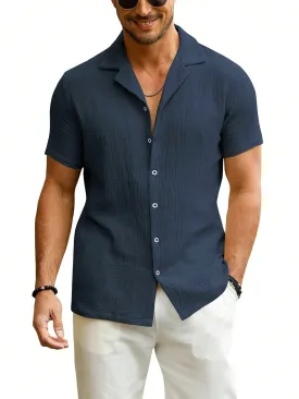 Men Slim Fit  Button Linen Guayabera Shirt Short Sleeve Summer Beachwear