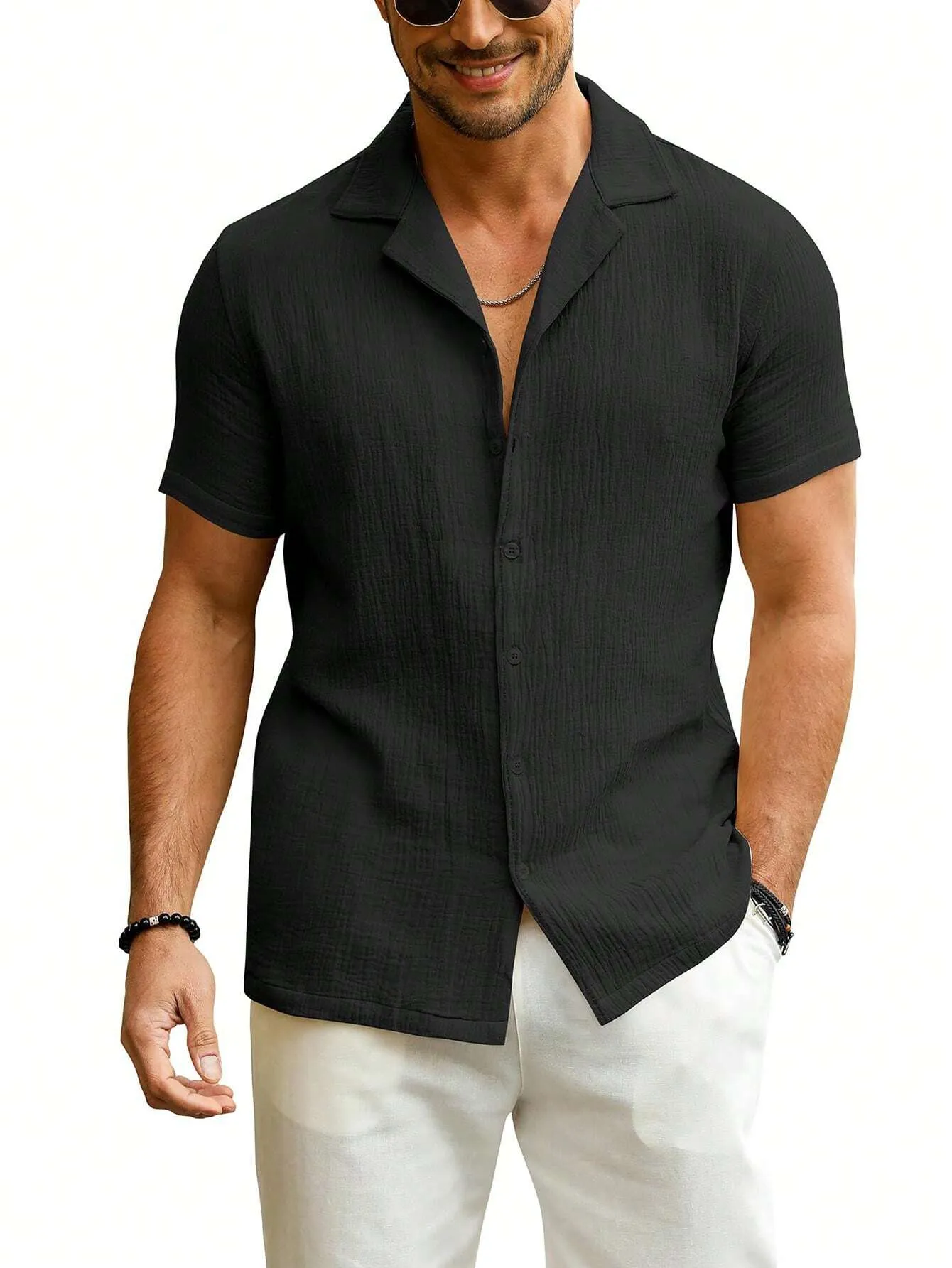 Men Slim Fit  Button Linen Guayabera Shirt Short Sleeve Summer Beachwear