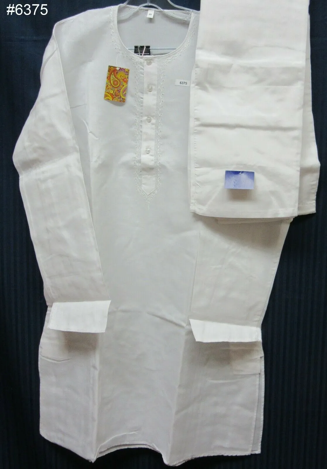 Men's 6379 White Lucknawi Kurta Pajama Set Assorted Size