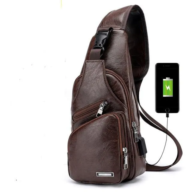 Men's Crossbody USB Chest Leather Travel Bag