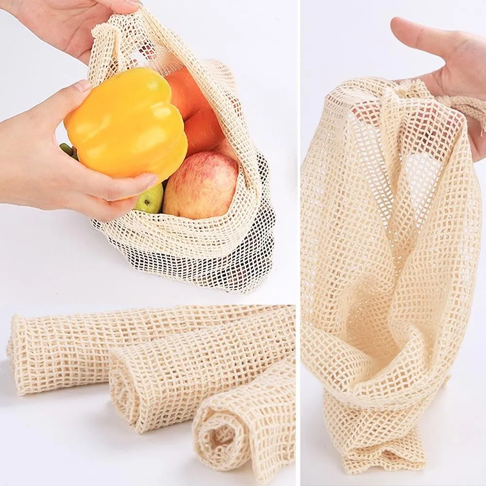 Multipurpose Reusable Cotton Mesh Vegetable Fruit Drawstring Storage Bags