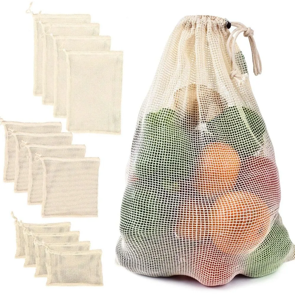 Multipurpose Reusable Cotton Mesh Vegetable Fruit Drawstring Storage Bags