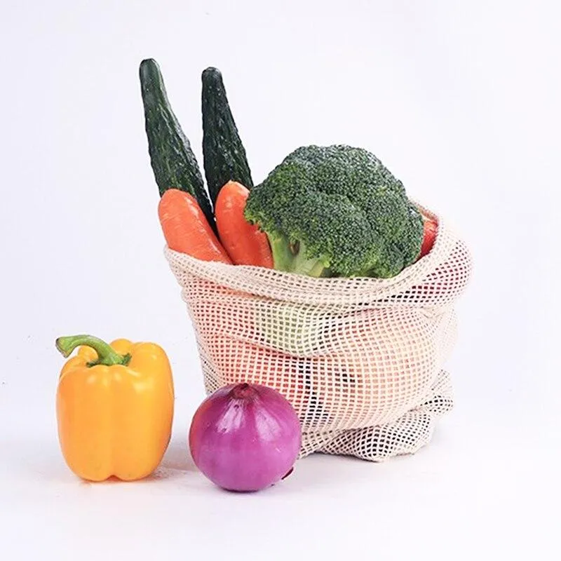 Multipurpose Reusable Cotton Mesh Vegetable Fruit Drawstring Storage Bags