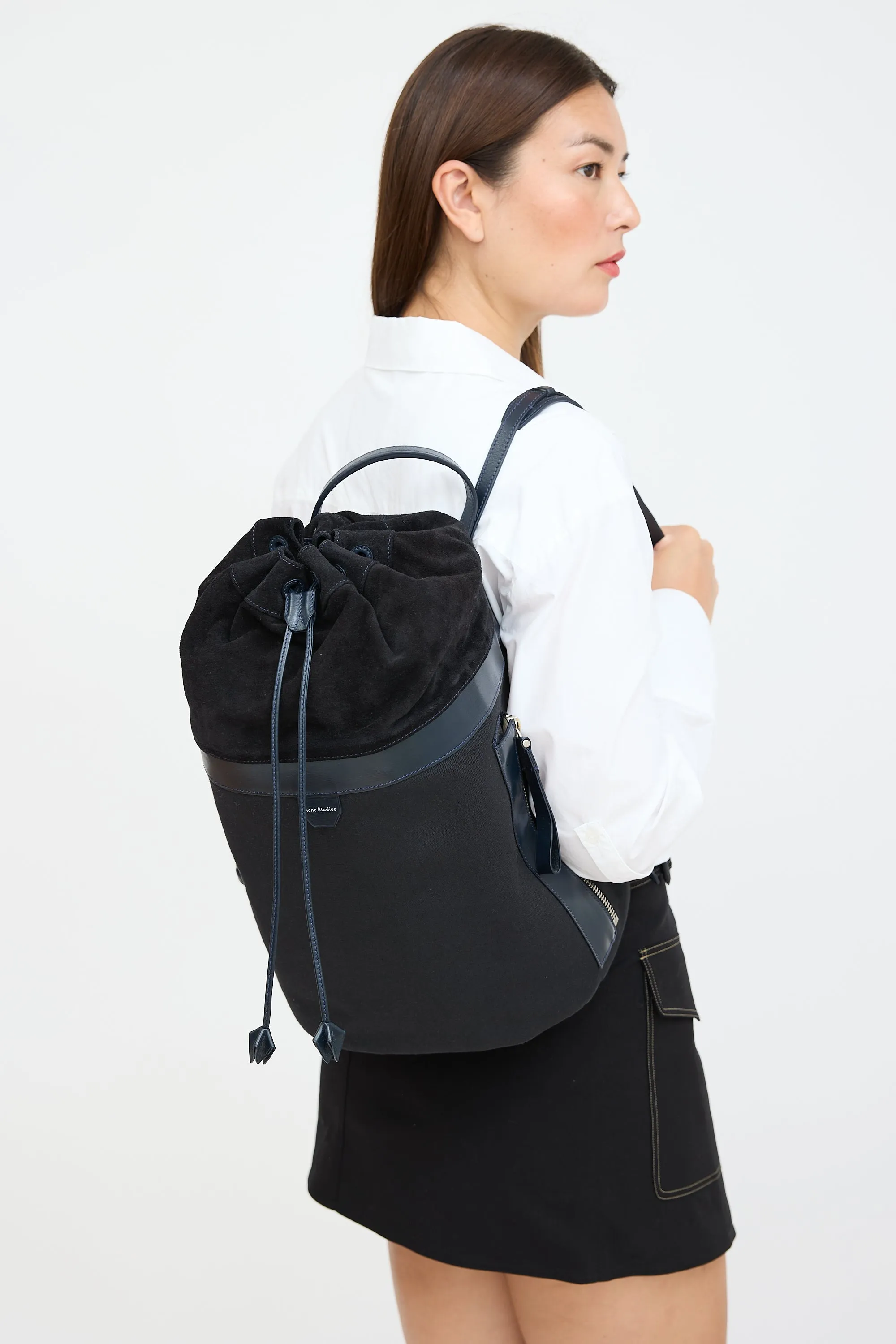 Navy Leather Bucket Backpack