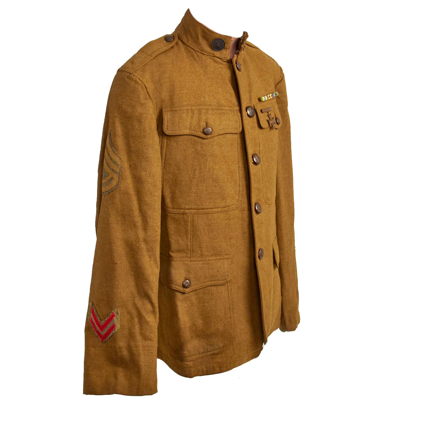 Original U.S. WWI 77th Infantry “Liberty” Division Machine Gun Battalion Sergeant Major Patched Tunic and Wool Greatcoat - 2 Items