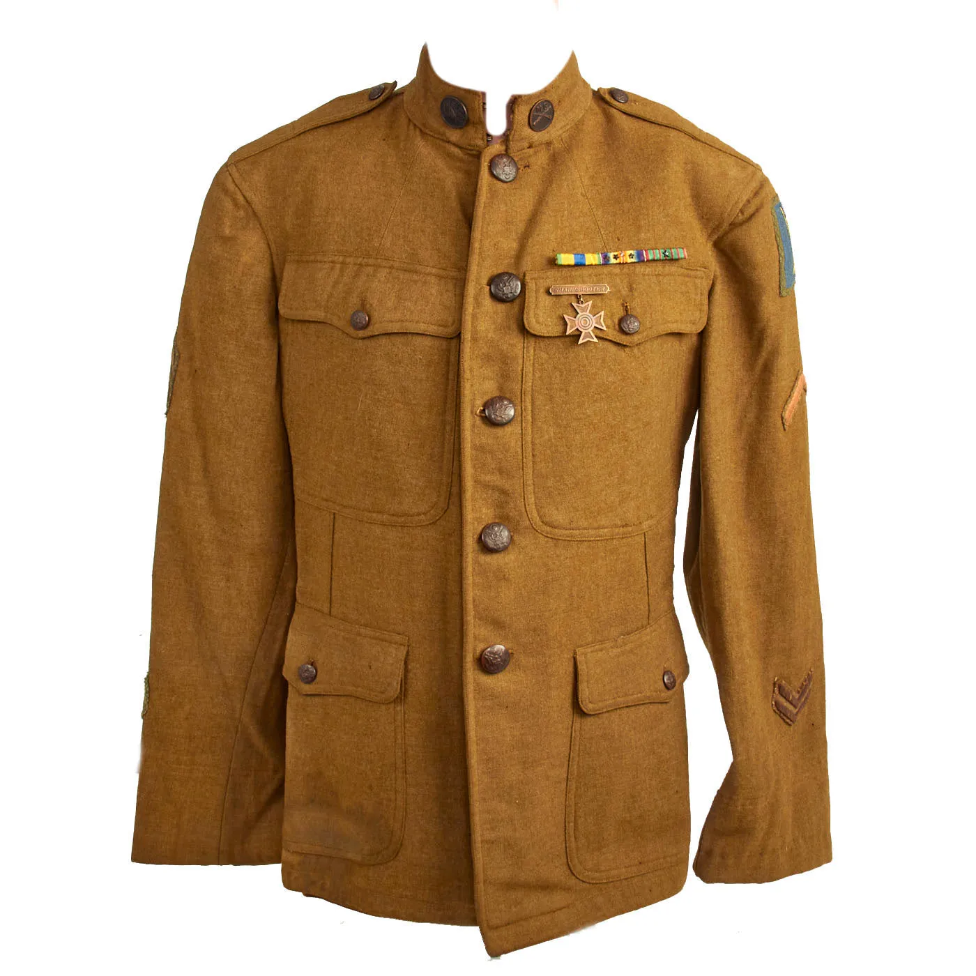 Original U.S. WWI 77th Infantry “Liberty” Division Machine Gun Battalion Sergeant Major Patched Tunic and Wool Greatcoat - 2 Items