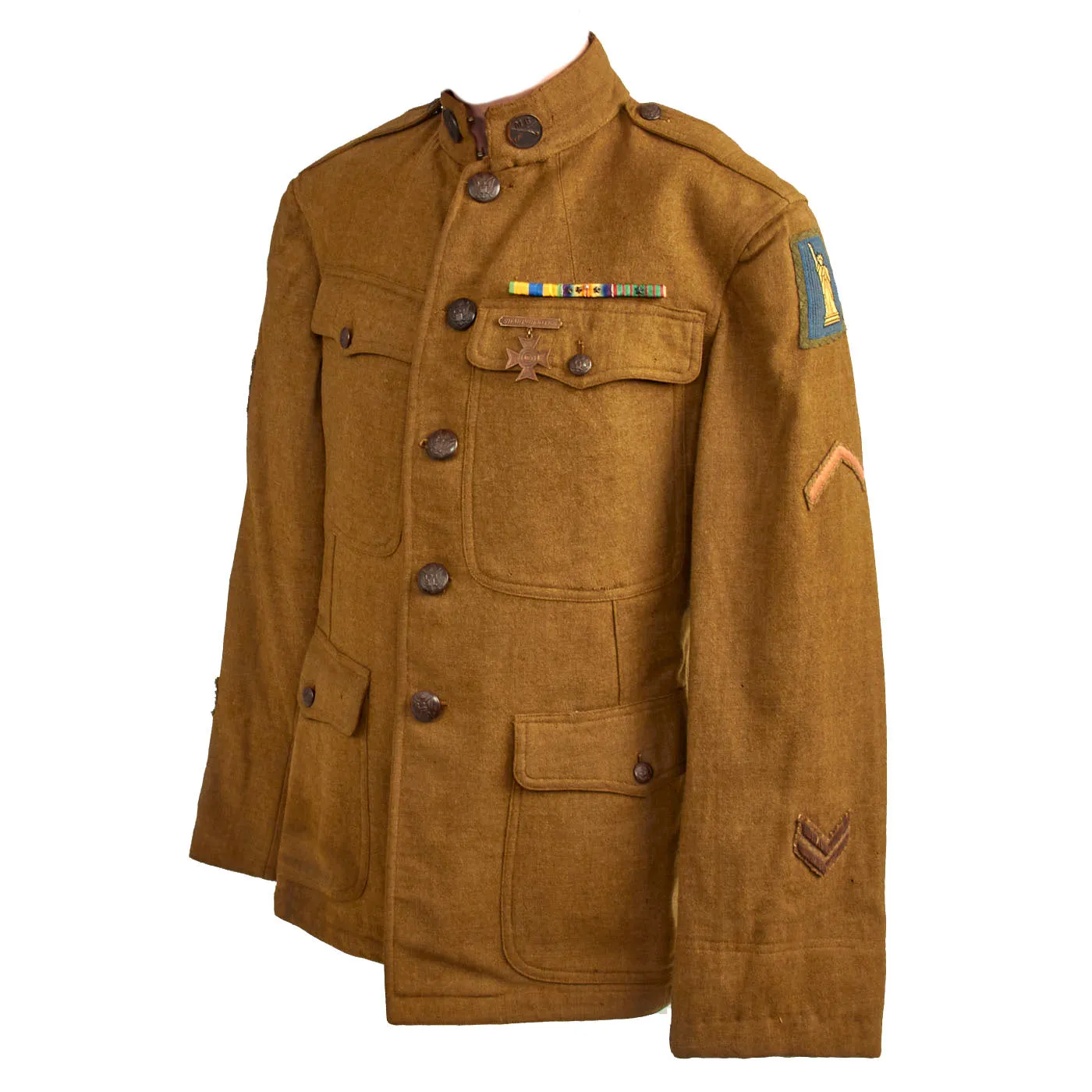 Original U.S. WWI 77th Infantry “Liberty” Division Machine Gun Battalion Sergeant Major Patched Tunic and Wool Greatcoat - 2 Items