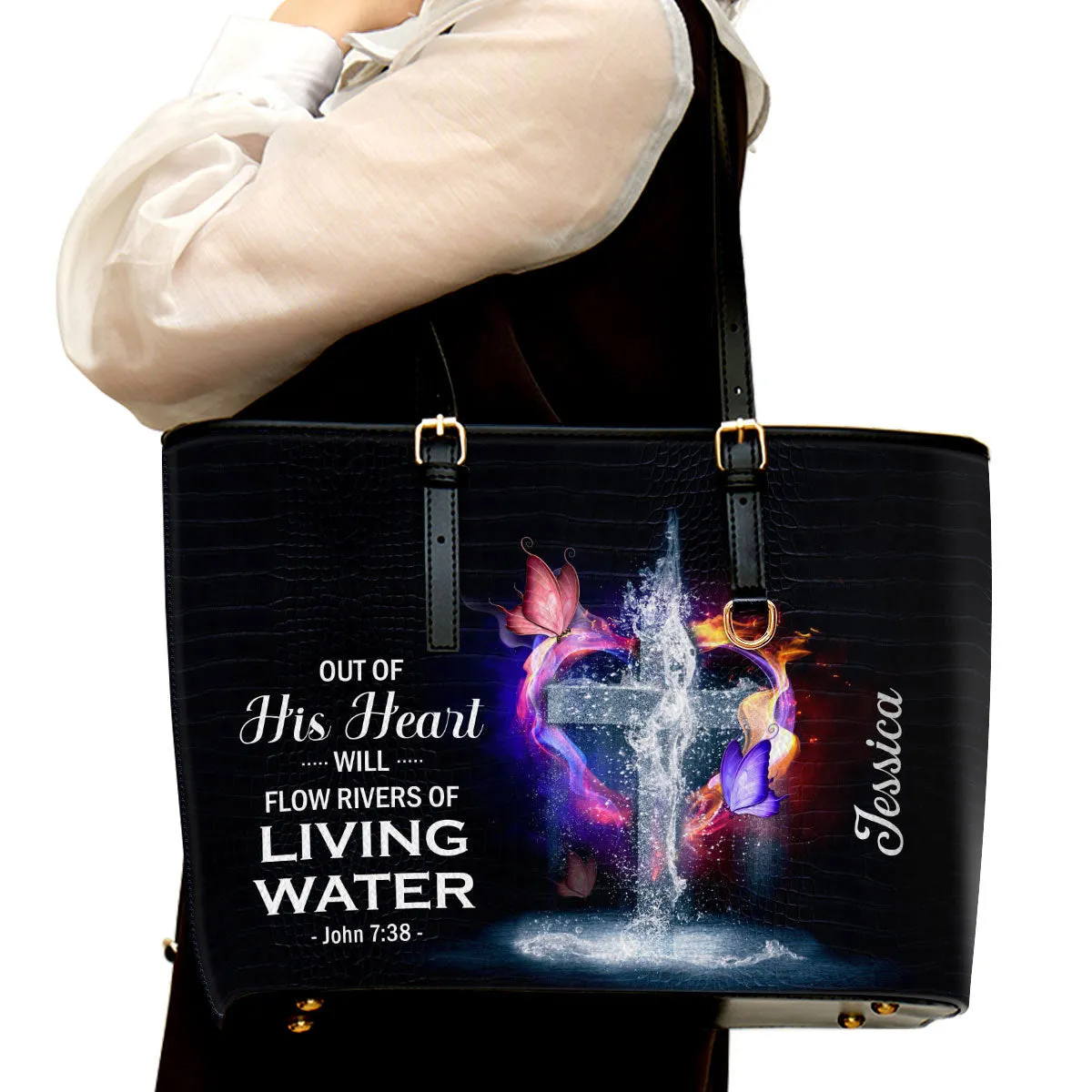 Out Of His Heart Will Flow Rivers Of Living Water Personalized Large Leather Tote Bag - Christian Inspirational Gifts For Women