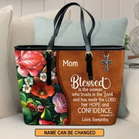 Personalized Large Leather Tote Bag Blessed Is The Woman Who Trusts In The Lord - Spiritual Gifts For Christian Women