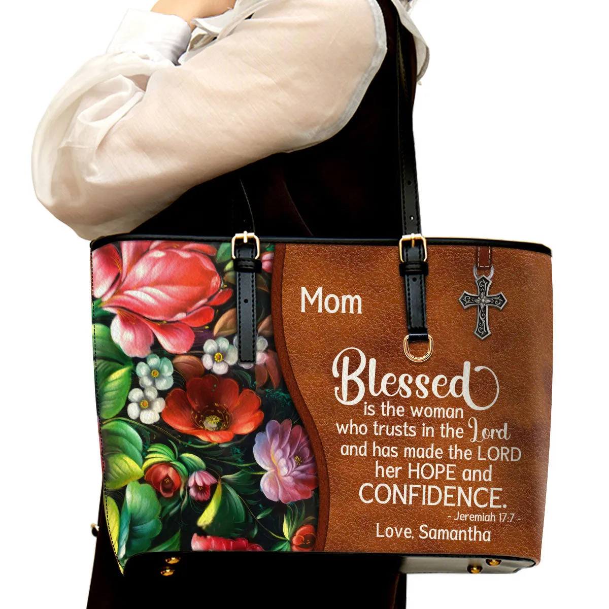 Personalized Large Leather Tote Bag Blessed Is The Woman Who Trusts In The Lord - Spiritual Gifts For Christian Women