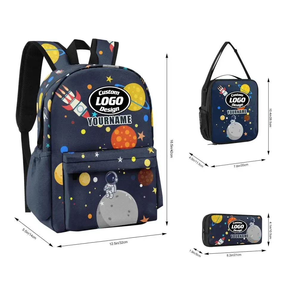 Personalized Outer Space 3PCS BackPack, Custom Dinosaur Shcoolbag, Lunch Box, Pencil Case, Best Gift for Kids, Girls, Boys