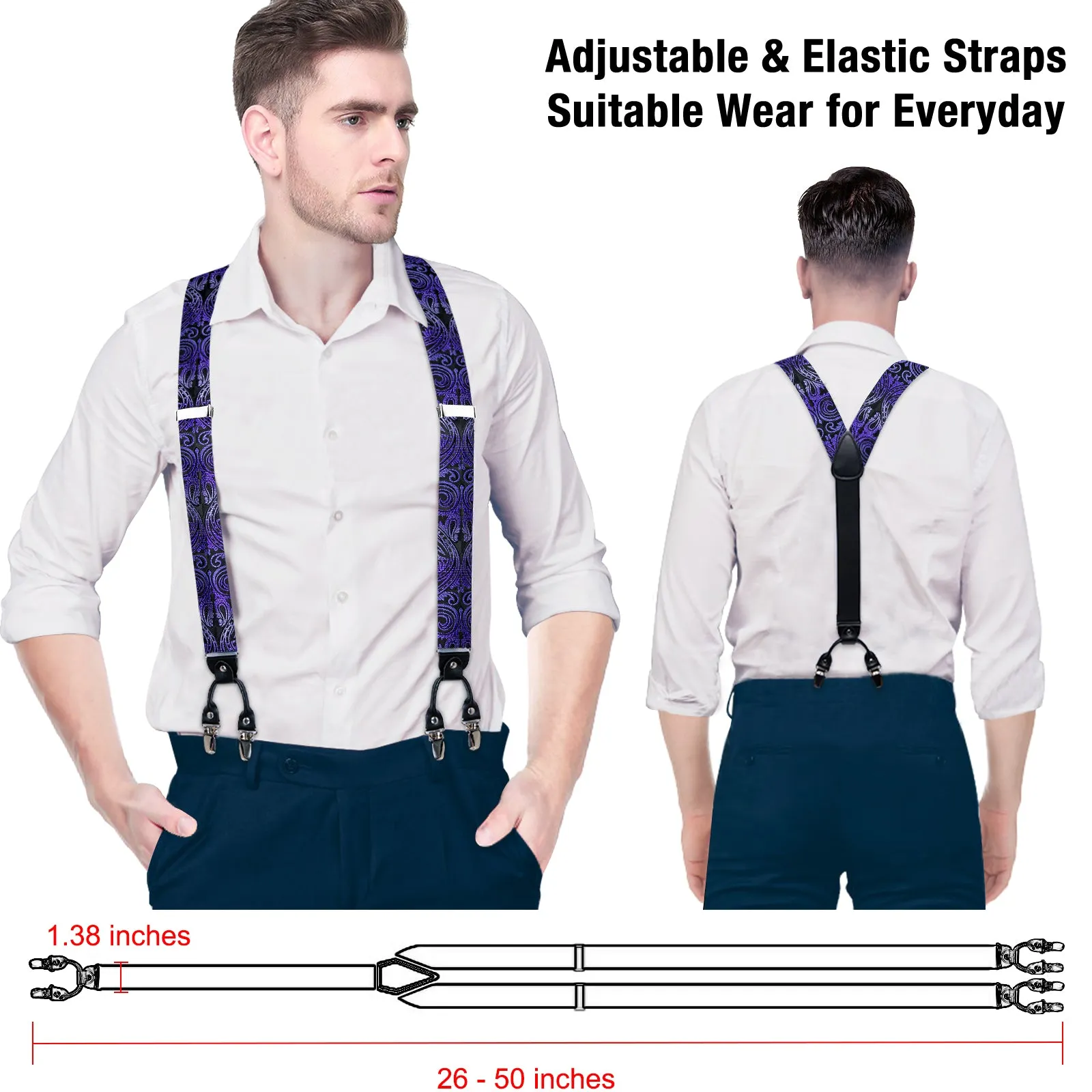 Purple Gradient Paisley Y Back Brace Clip-on Men's Suspender with Bow Tie Set