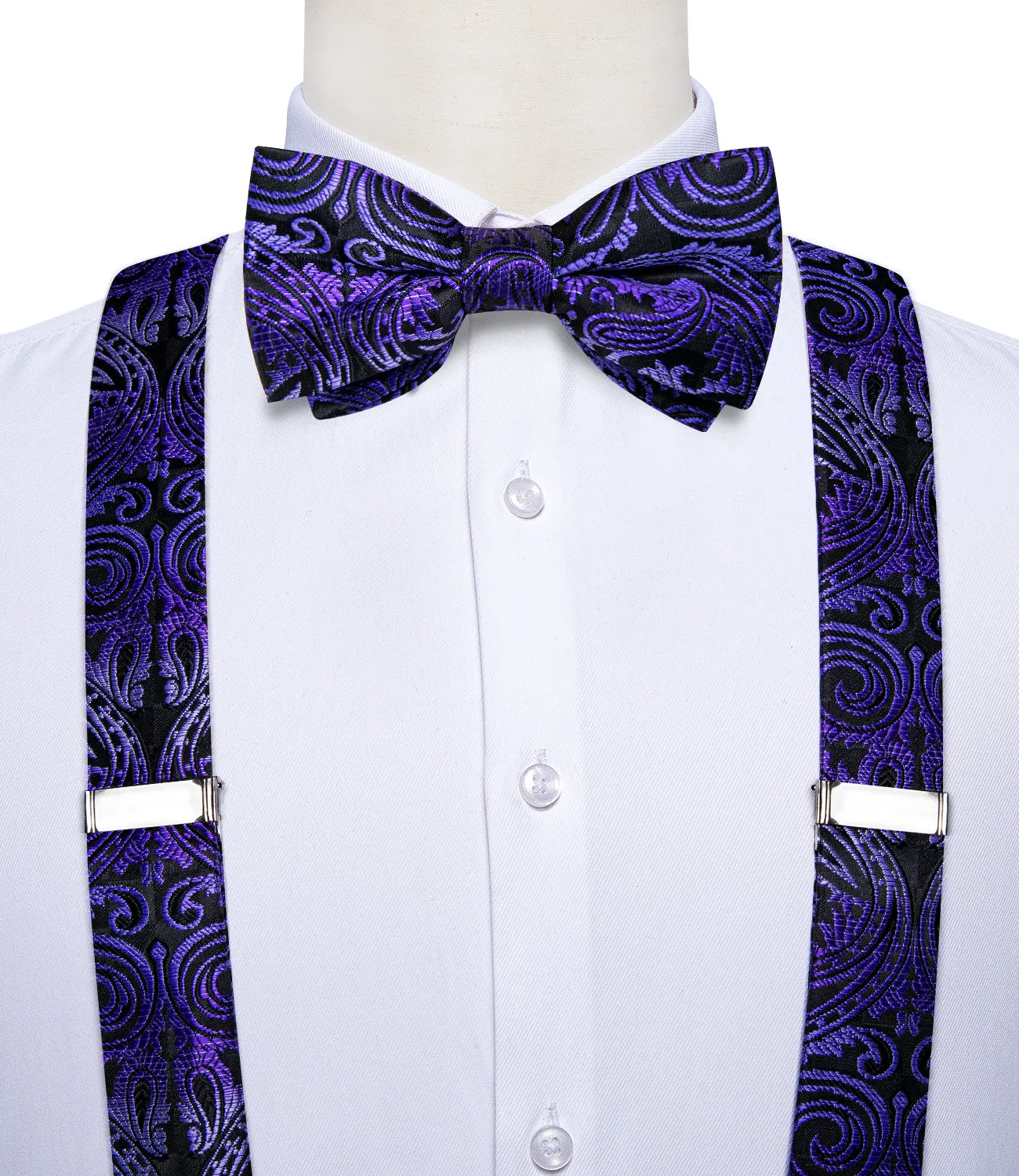 Purple Gradient Paisley Y Back Brace Clip-on Men's Suspender with Bow Tie Set