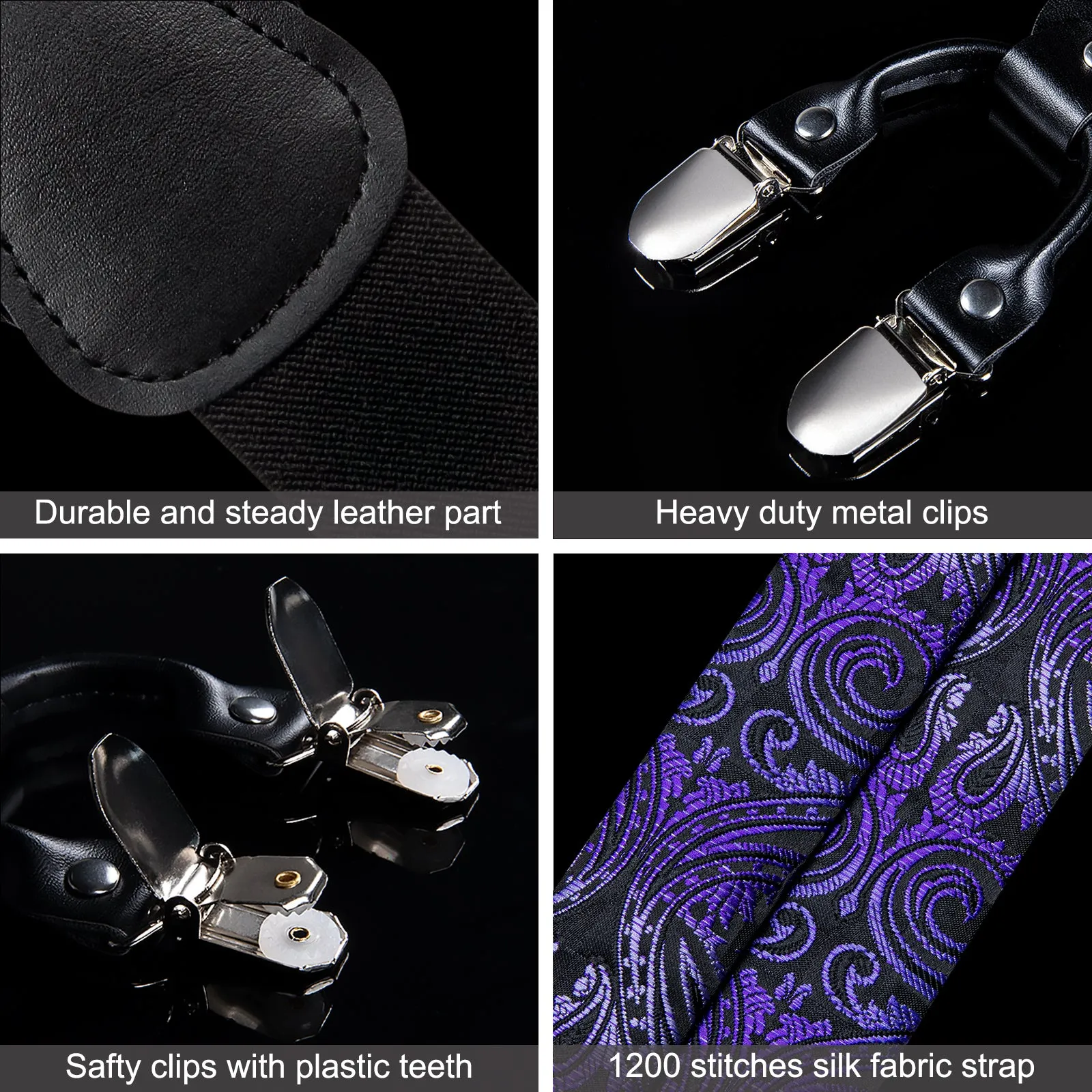 Purple Gradient Paisley Y Back Brace Clip-on Men's Suspender with Bow Tie Set