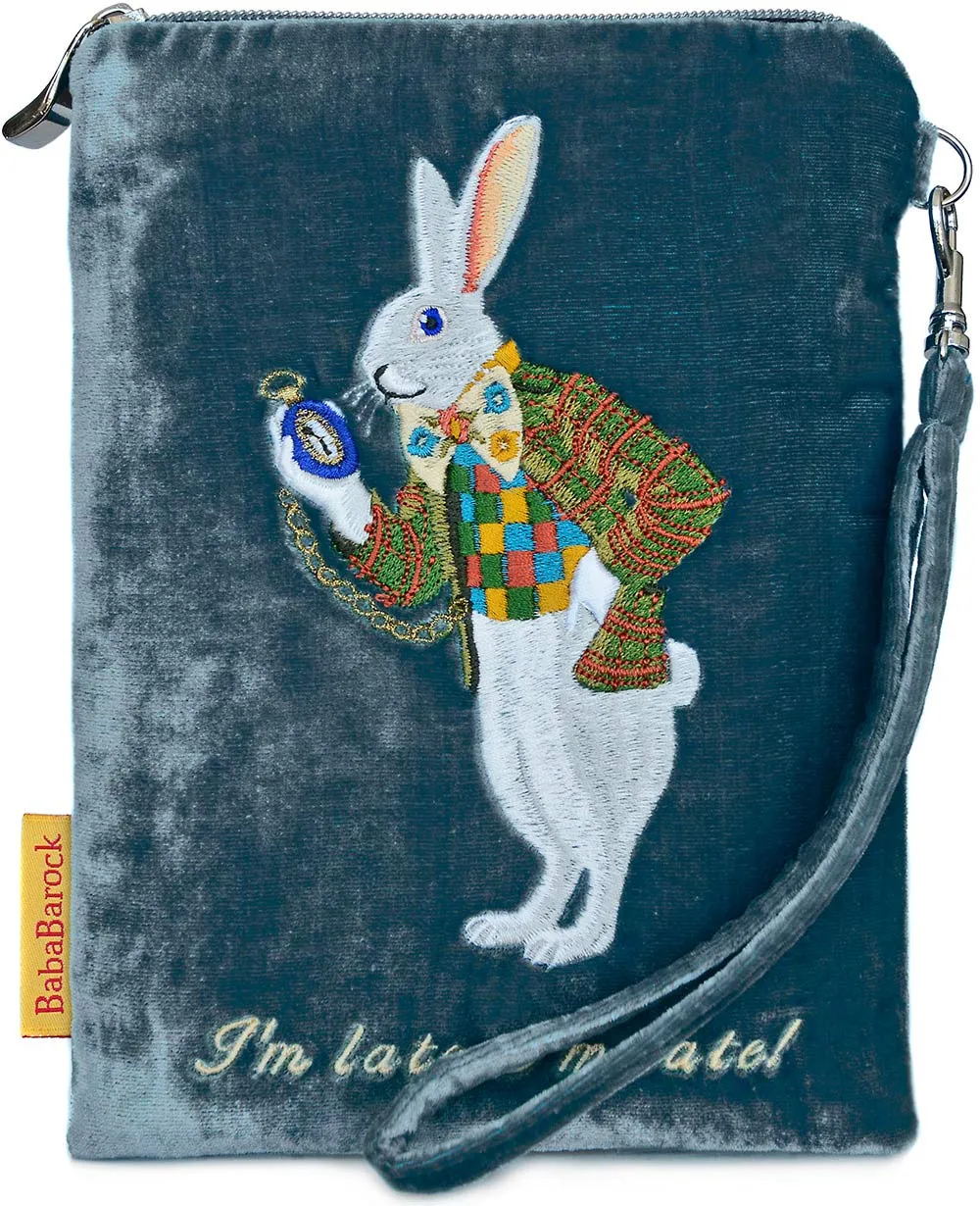 "I'm Late!" - White Rabbit silk velvet embroidered wristlet. Blue teal.