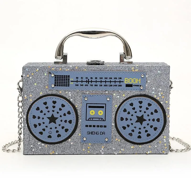 Sequined Denim Cartoon Radio Style Fashion Box Ladies Handbag Party Purse Shoulder Bag Crossbody Mini Messenger Bag Womens' Flap