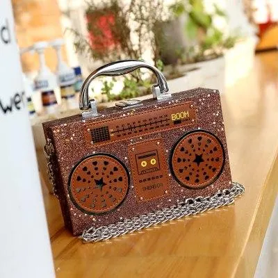 Sequined Denim Cartoon Radio Style Fashion Box Ladies Handbag Party Purse Shoulder Bag Crossbody Mini Messenger Bag Womens' Flap