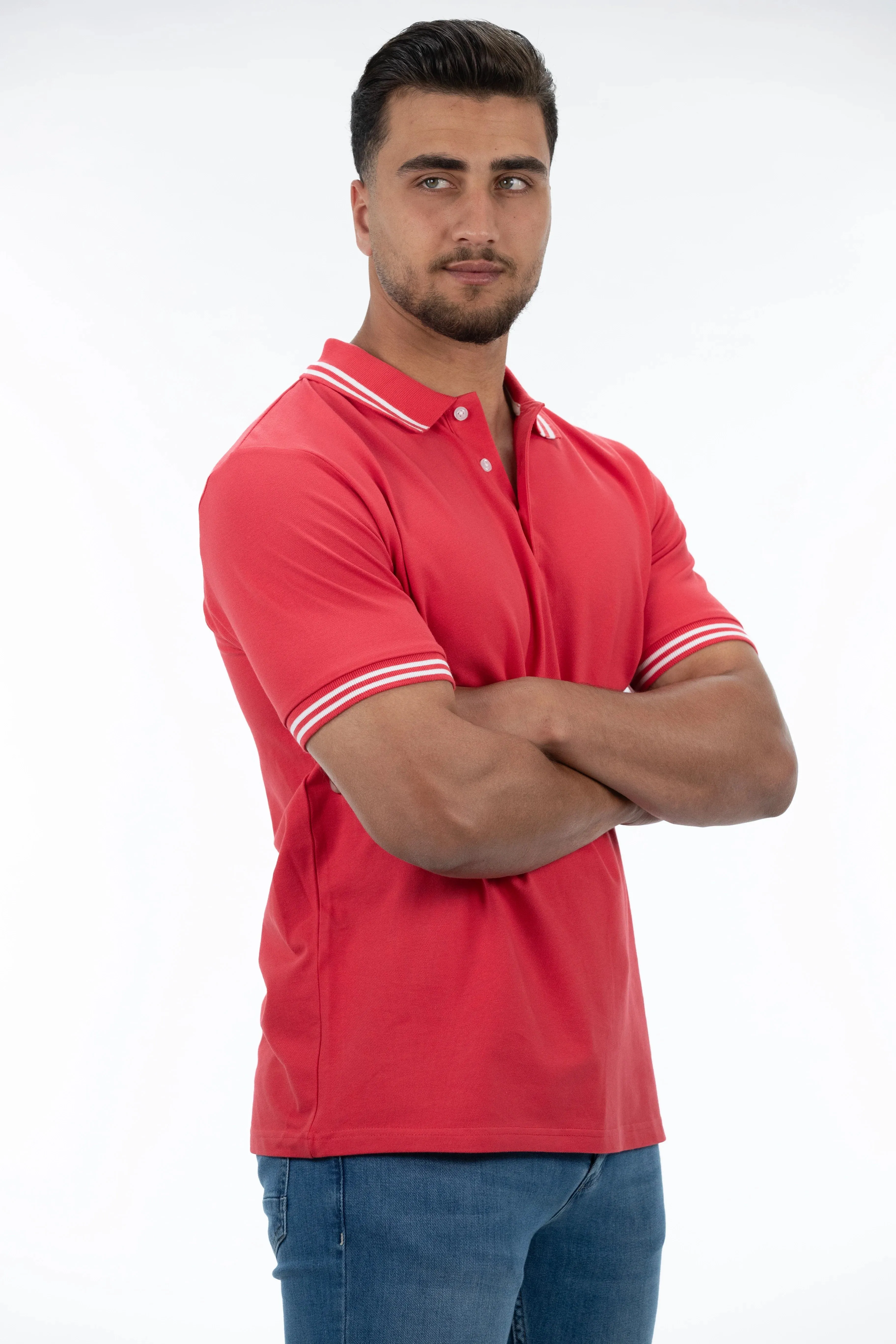 Short Sleeve Red Polo With Stripe Collar & Shoulder