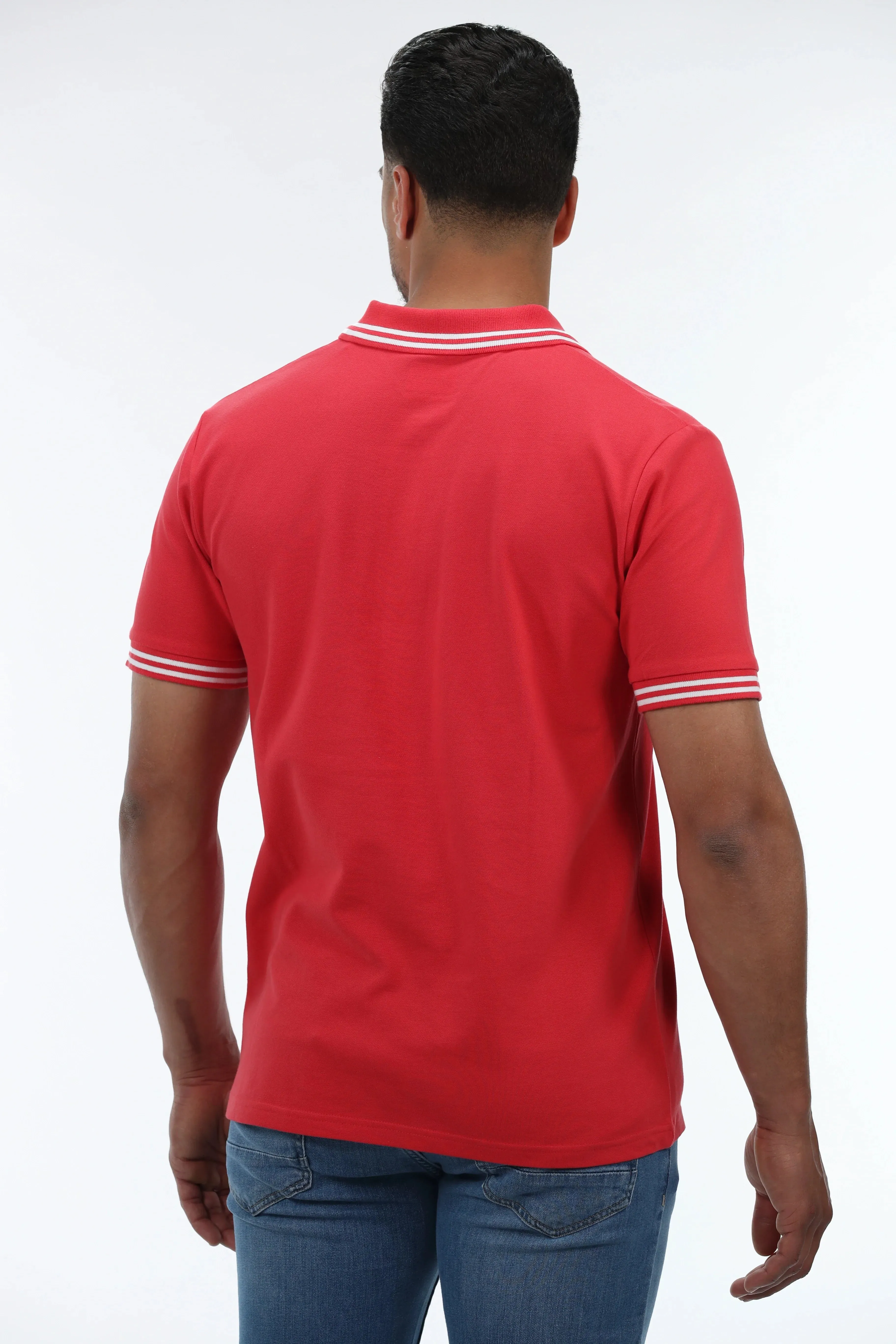 Short Sleeve Red Polo With Stripe Collar & Shoulder