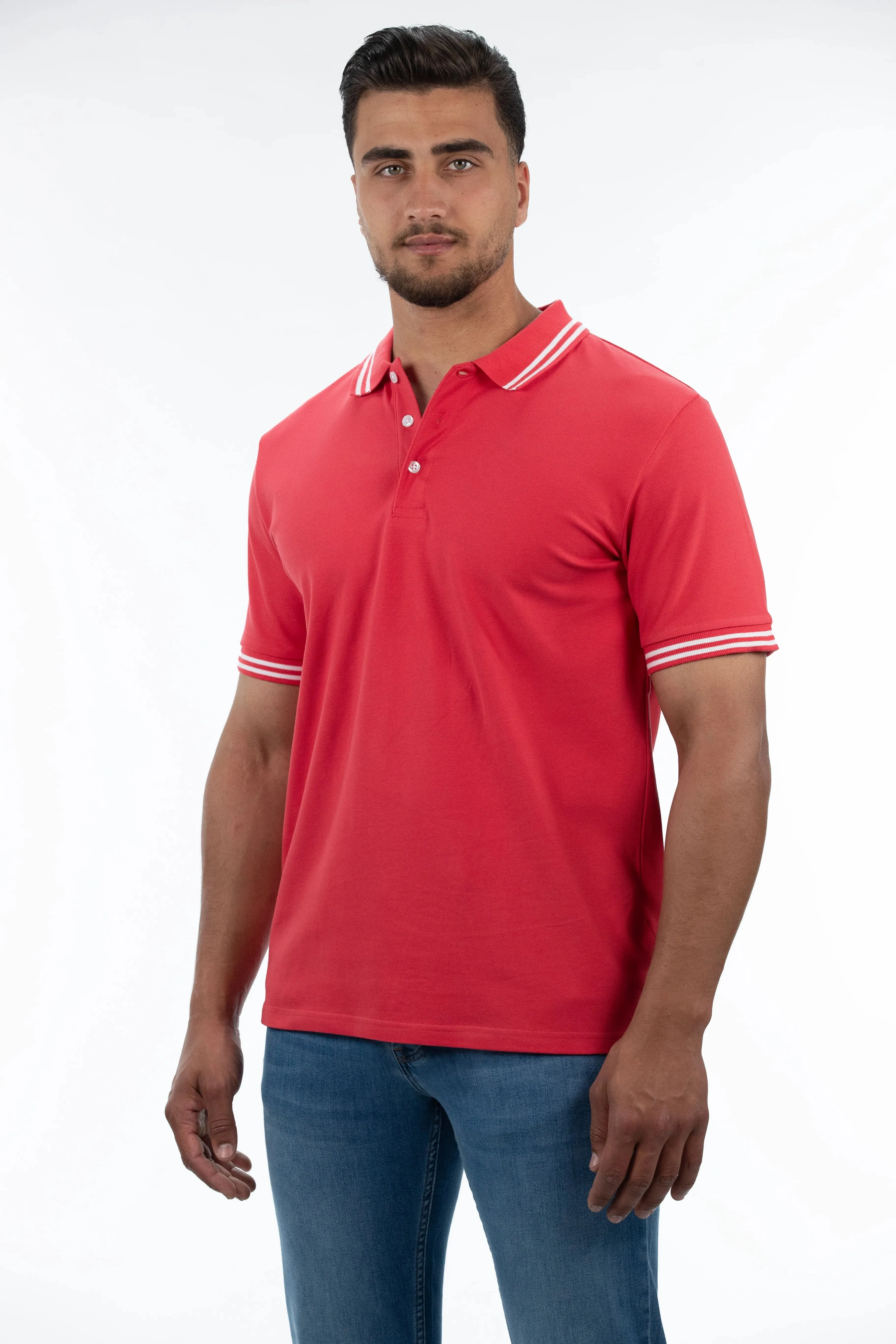 Short Sleeve Red Polo With Stripe Collar & Shoulder