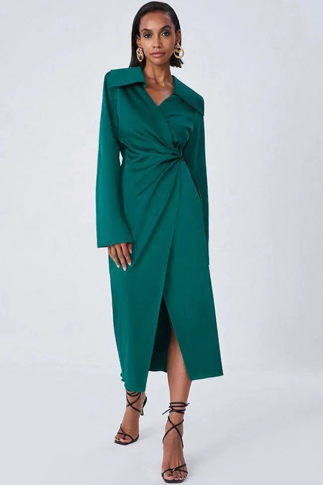 Silky Satin Long Sleeve Cocktail Party Wrap Maxi Dress - Emerald Green