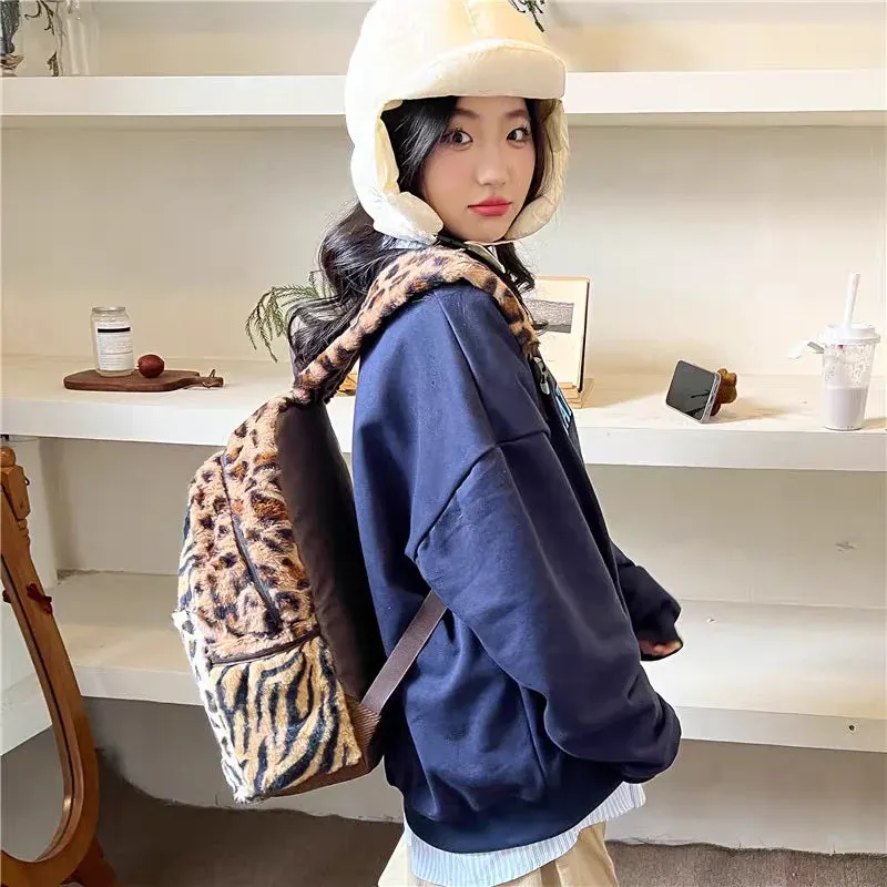 TAVIMART  -  Women Faux Fur Leopard Fluffy Fashion Backpacks Large Capacity Students School Bag Vintage Commuter Backpack