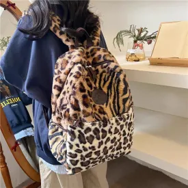 TAVIMART  -  Women Faux Fur Leopard Fluffy Fashion Backpacks Large Capacity Students School Bag Vintage Commuter Backpack