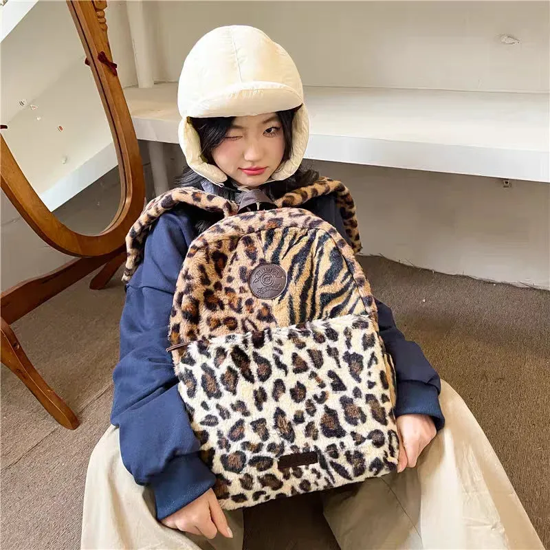 TAVIMART  -  Women Faux Fur Leopard Fluffy Fashion Backpacks Large Capacity Students School Bag Vintage Commuter Backpack