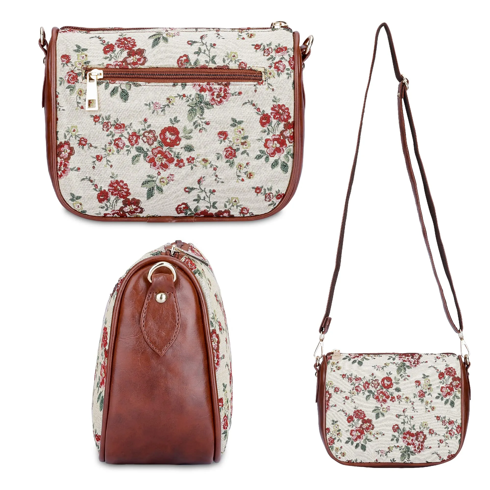 THE CLOWNFISH Garnet Series Tapestry Fabric Crossbody Sling Bag for Women Ladies Single Shoulder Bag Shoulder Belt (White-Floral)