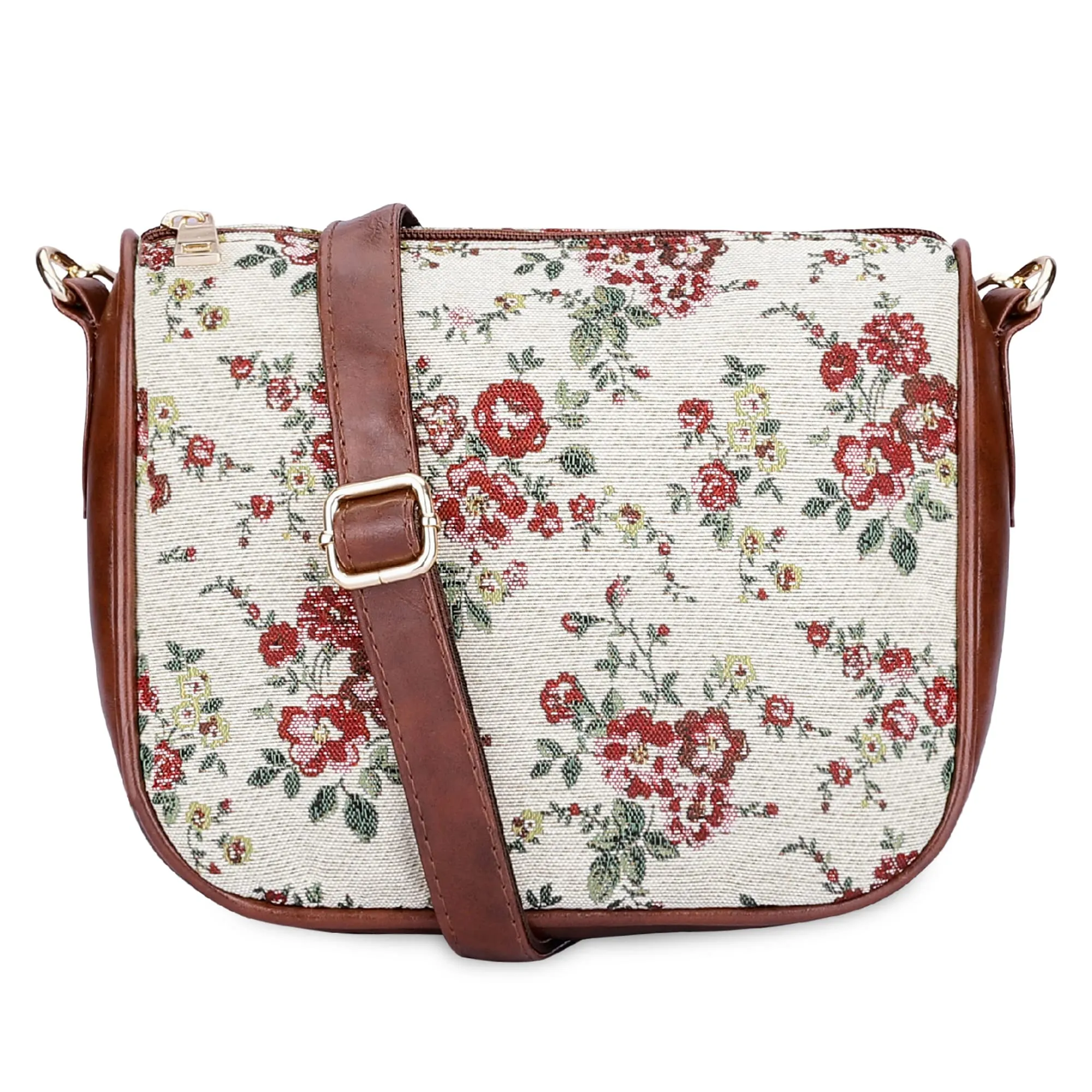 THE CLOWNFISH Garnet Series Tapestry Fabric Crossbody Sling Bag for Women Ladies Single Shoulder Bag Shoulder Belt (White-Floral)