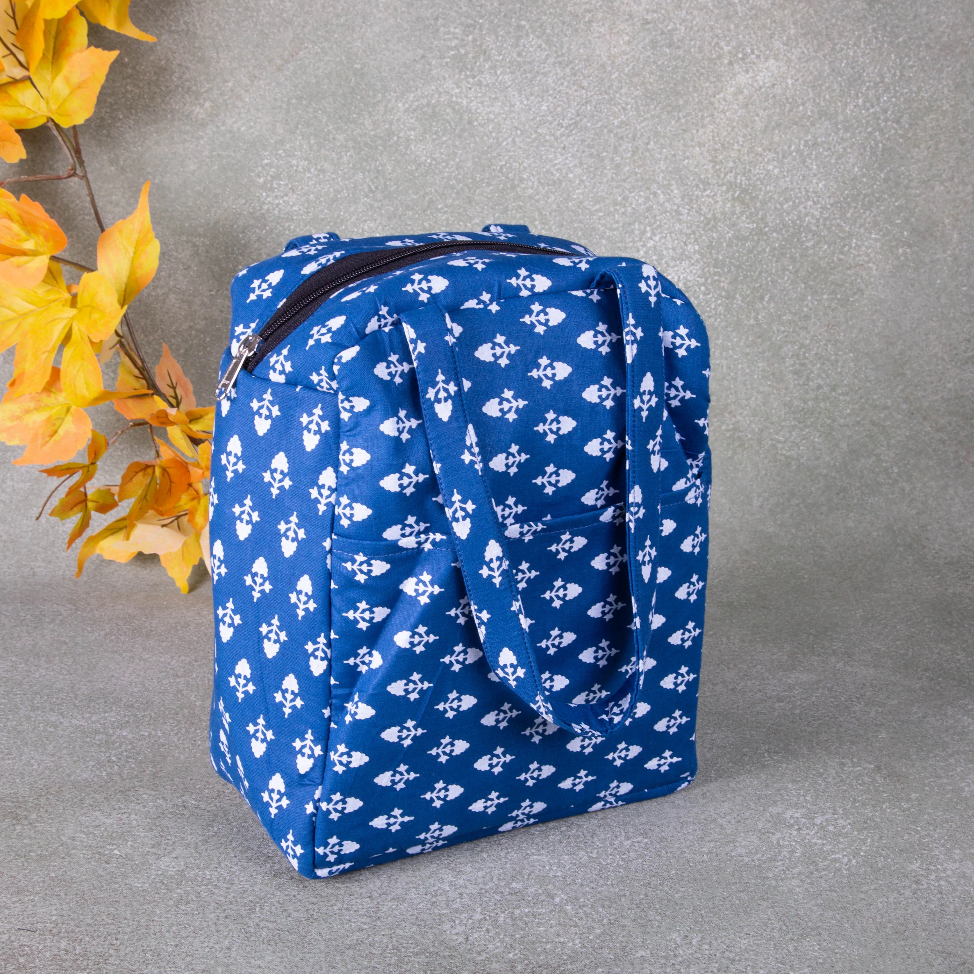 Water Proof Cotton Lunch Bag Blue Colour with White Small Flower Design.