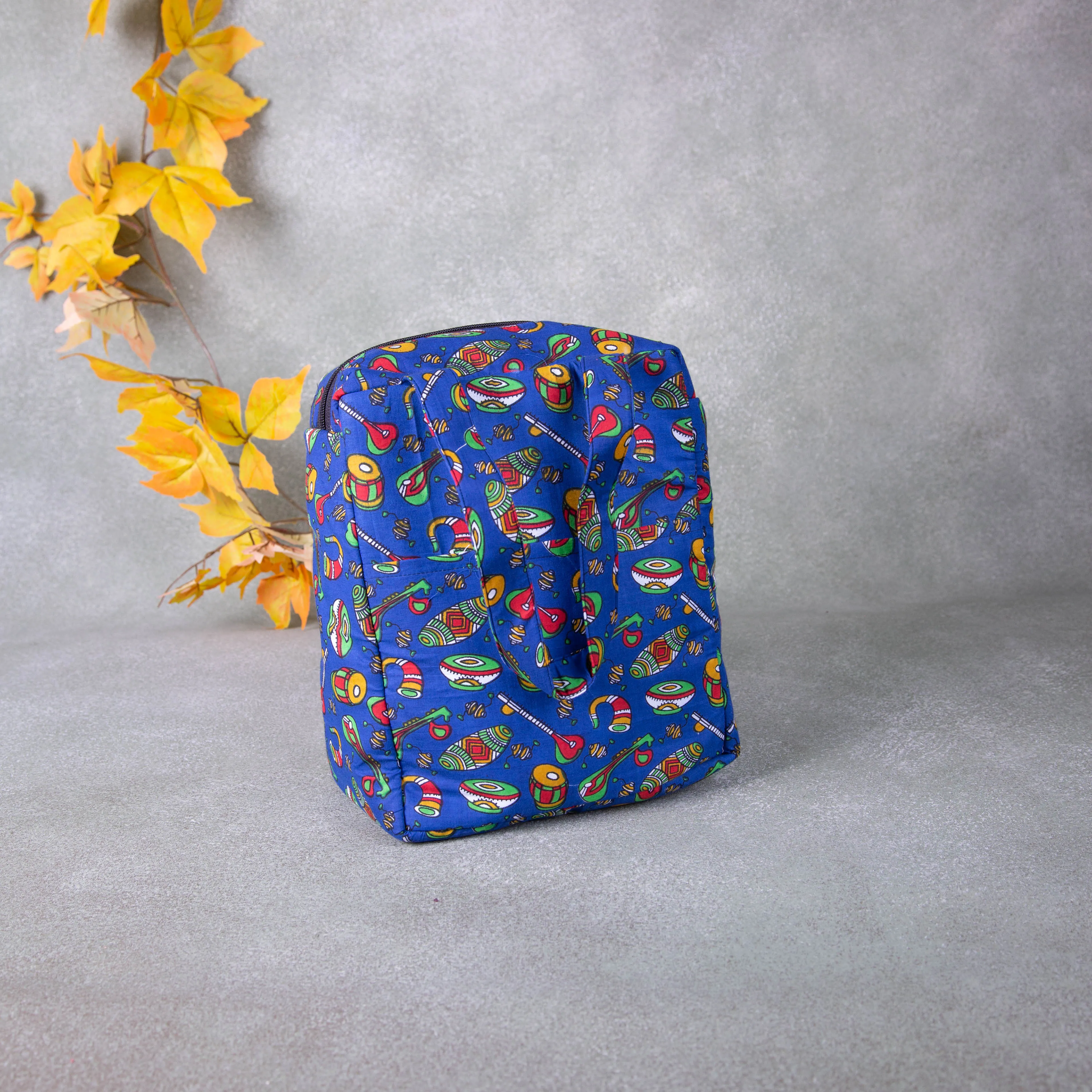 Water Proof Cotton Lunch Bag Blue with Instrument Design.