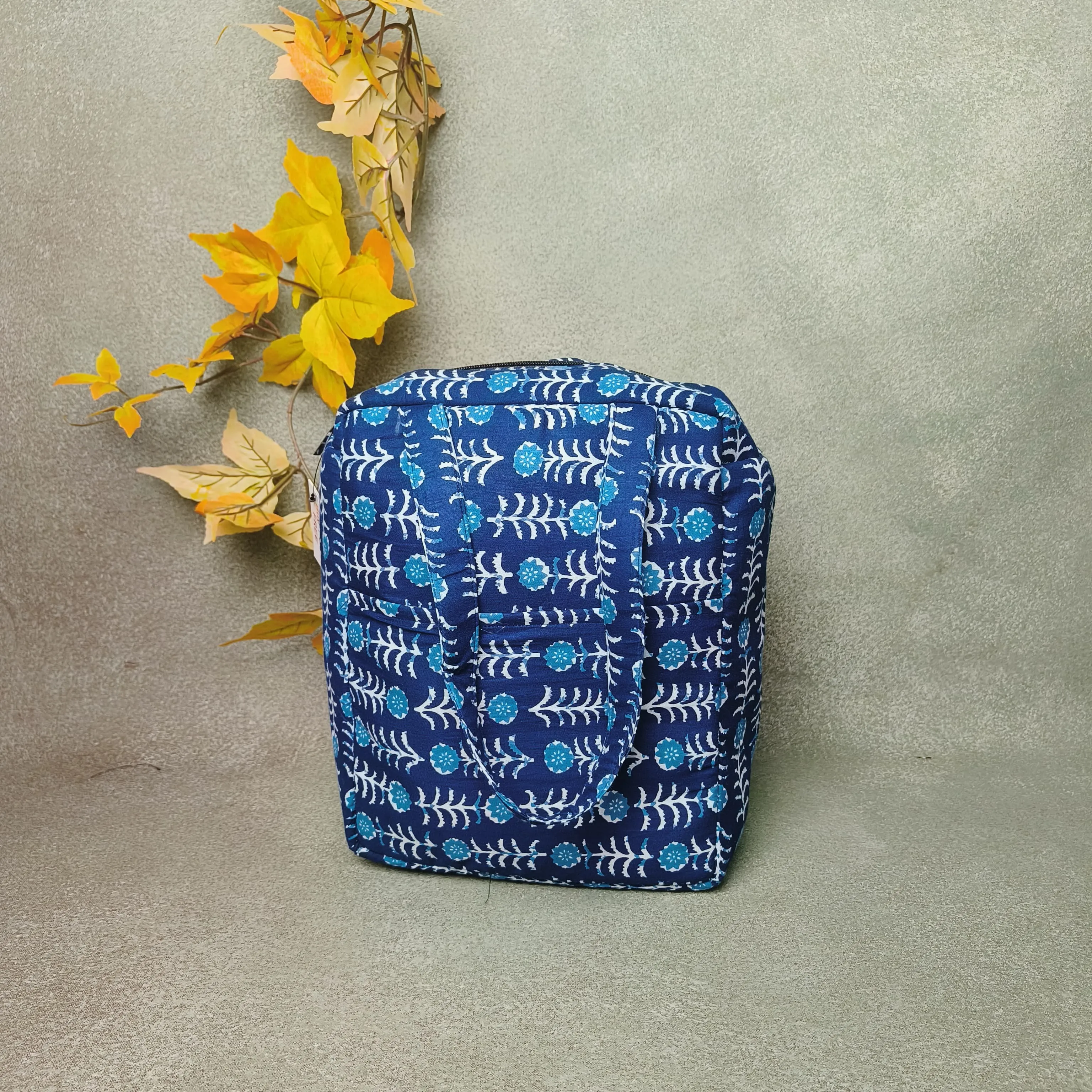 Water Proof Cotton Lunch Bag Sea Blue with White Bandhani Prints