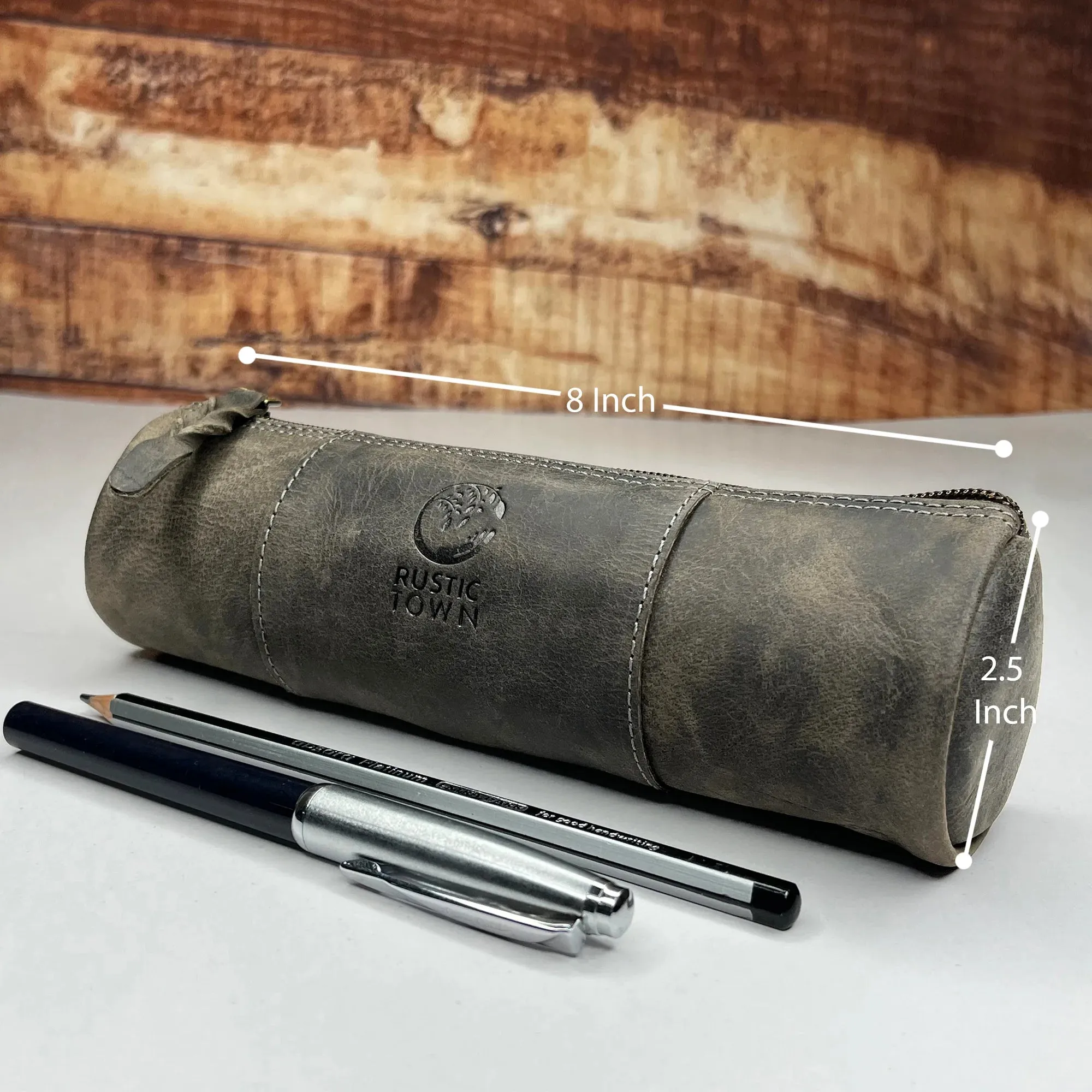 Winnie Leather Zipper Pen Pencil Case (Grey-Evening Blue)