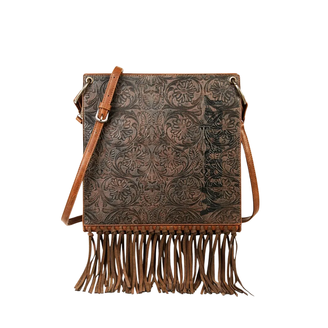 Wrangler Women's Floral Embossed Fringe Concealed Carry Hobo Brown Crossbody