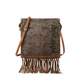 Wrangler Women's Floral Embossed Fringe Concealed Carry Hobo Brown Crossbody