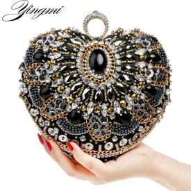 YINGMI Handmade Style Beaded Women Evening Bags Diamonds Embroidery Lady Clutches Chain Shoulder Purse Bags Heart Design Wallets